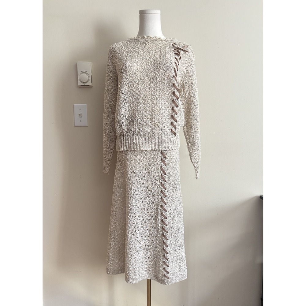 A Pallas Original Womens Large Hand Loomed Irish Linen Skirt Sweater Set Vtg